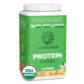 Sunwarrior Organic Classic Vanilla Protein, lata visible, fuente vegetal para energía diaria