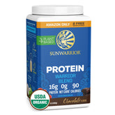 Sunwarrior proteina vegetal org chocolate, envase visible, ideal para batidos post-entrenamiento.