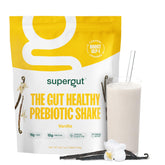 Supergut Shakes prebióticos vainilla en envase visible, promueve saciedad sostenida.