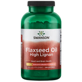 Swanson Aceite de Linaza con Alto Lignanos, botella, apoyo para la piel y la salud cardiovascular.