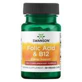 Swanson ácido fólico y B12: cápsulas vegetales, visual de producto para energía diaria.