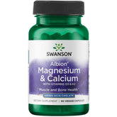 Swanson Albion Magnesio-Calcio 2:1, botella de cápsulas vegetales, apoyo al equilibrio mineral diario.
