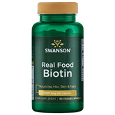 Swanson Biotina Real Food, botella con cápsulas, favorece cabello sano y uñas fuertes