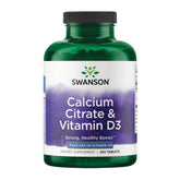 Swanson Calcio Citrato y Vitamina D 250 pastillas, botella frontal para uso diario.