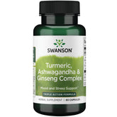 Swanson Full Spectrum Turmeric Ashwagandha y Ginseng Complex, cápsulas en botella, apoyo diario al bienestar.