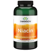 Swanson Niacin, botella de cápsulas, apoyo al metabolismo y energía diaria.