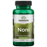 Swanson Noni 500 mg, cápsulas en envase, apoyo al bienestar diario con ingredientes vegetales.