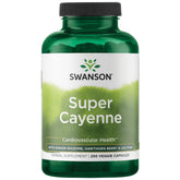 Swanson Super Cayenne: bote de cápsulas centradas en cayena, posible apoyo a la circulación.