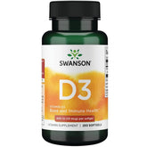 Frasco de Swanson Vitamina D3 400UI, cápsulas blandas para apoyar huesos y absorción de calcio.