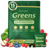 Tecepec Greens Daily Gummies empaquetado listo para llevar, opción conveniente para rutina diaria.