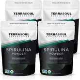 Terrasoul Superfoods Spirulina en polvo, empaque práctico con cuatro frascos para uso diario.