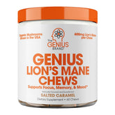 Genius Lion's Mane Chews en envase frontal para enfoque diario.