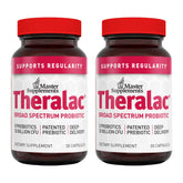 Theralac, bote de vidrio ámbar con cápsulas, apoyo a la salud intestinal.