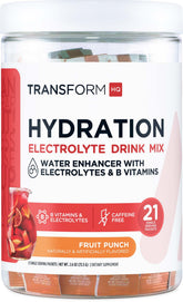 TransformHQ muestra un sobre Fruta Punch para rehidratar y recargar electrolitos
