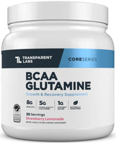 Botella de Transparent Labs BCAA Glutamina con porciones para recuperación muscular