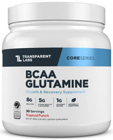 Transparent Labs BCAA Glutamine en envase primer plano para recuperación posible