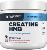 Transparent Labs Creatine HMB, vista frontal de la lata, potencia y claridad muscular.