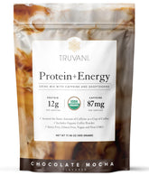 Truvani Protein Energy Chocolate Mocha, bote para batidos y energía para entrenamientos.