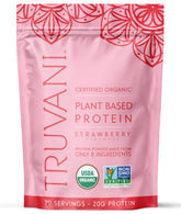 Truvani Proteína de guisante vegana en polvo fresa para batidos cremosos.