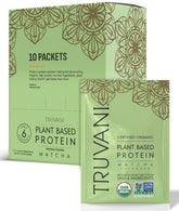 Proteína de guisante Truvani con matcha en un sobre, sabor intenso y conveniente.