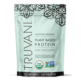 Proteína de guisante vegana Truvani en envase con sabor menta chocolate para batidos