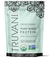 Truvani proteina de guisante vegana, envase, sabor menta con chocolate para batidos.