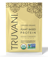 Proteina vegetal Truvani en botella, sabor platano canela, energia diaria para tu dia.