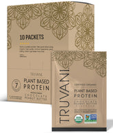 Proteína vegetal Truvani con chocolate y cacahuete, porciones para viaje.