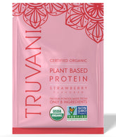Proteína vegetal de Truvani sabor fresa en envase, ideal para batidos.