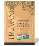 Truvani proteína vegetal de guisante con mantequilla de cacahuete, ideal para batidos.