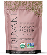 Truvani proteína vegetal Vanilla Chai en empaque, ideal para comenzar el día.