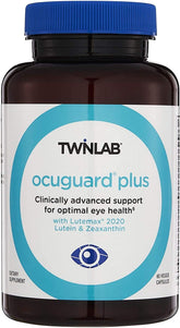 Twinlab Ocuguard Plus: botella mostrada, apoyo antioxidante para la salud ocular.