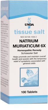UNDA Natrium Muriaticum 6X tabletas, posible apoyo al equilibrio hídrico en casa.