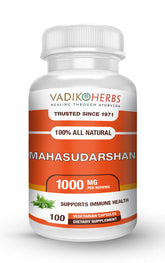 Vadik Herbs Mahasudarshan en botella: posible apoyo a la inmunidad.