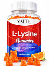 VAITE L-Lisina 1000 mg Gummies, botella frontal, posible apoyo a la salud de piel y labios.