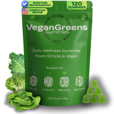 VeganGreens gomitas en empaque de 120, snack vegano para energía diaria.