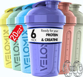 Velomix botella proteína 20oz con batidor de acero para mezclas suaves.