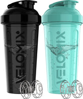 VELOMIX pack dos botellas 28 onzas con batidor, negro y turquesa, para batidos de proteína