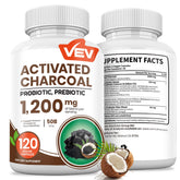 VEV carbón activado de coco orgánico en cápsulas veganas para apoyo digestivo.