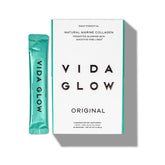 Vida Glow Marine Colágeno polvo en envase, apoyo a piel radiante y uñas fuertes.