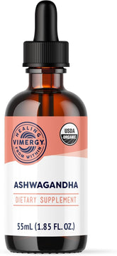 Vimergy Ashwagandha líquido, botella, apoyo a la concentración y al bienestar diario