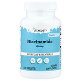 Vitacost Niacinamida, frente del envase, tabletas de 250 mg para apoyo suave de energía.