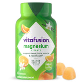 Vitafusion Magnesium gomitas, botella frente, sabor tropical para dosis diaria conveniente