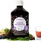 Vitagut probiótico líquido en botella ecológica para salud intestinal.