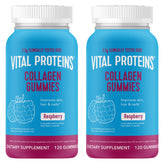 Vital Proteins gominolas de colágeno frambuesa, frasco visible, apoyo para cabello y uñas.