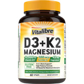 Vitalibre bote softgels con vitamina D3 y K2 y magnesio para bienestar óseo.