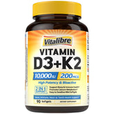Vitallibre Vitamina D3 K2, frasco vertido con 90 softgeles para uso diario