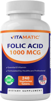 Vitamatic ácido fólico 1000 mcg, tabletas vegetarianas, vista de la botella.