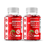 Vitamatic B12 5000 mcg gomitas sabor cereza en botella para energía sostenida.