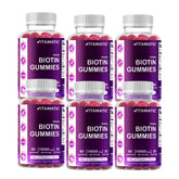 Vitamatic Biotina Gummies sabor frambuesa natural en frasco para cabello y uñas fuertes.